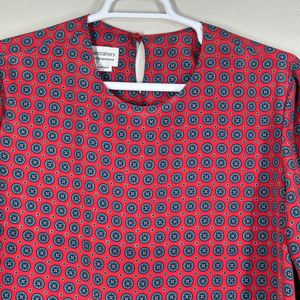 Haberdashery Leslie Fay Blouse Womens 18 Red Medallion Long Sleeve Polyester Top